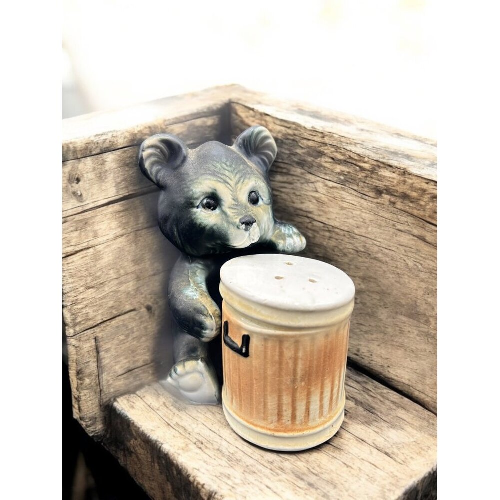Vintage Black Bear and Trash Can Salt and Pepper Shaker Japan Anthropology